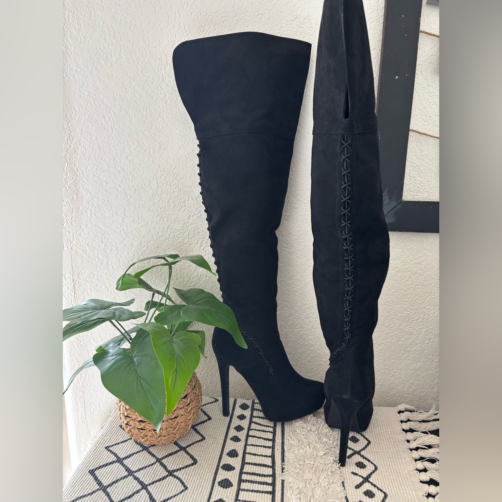 JustFab Black Over-the-Knee Boots with Lace Detail